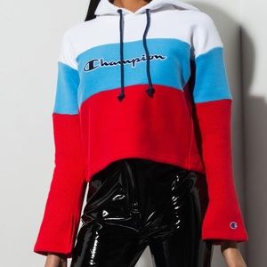 champion Red Weave Colorblock Cropped Hoodie